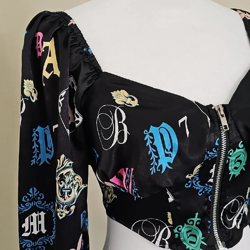 O.L.M Corset style Satin Black, Multicolor Crop Top Long Sleeve Size S - Picture 3 of 8